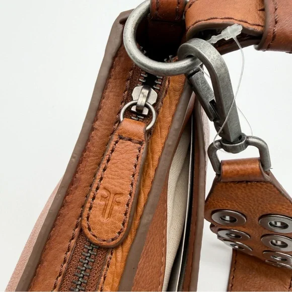 Frye Claire Leather Shoulder Bag Buckle Grommet Zip Top Cognac Brown NEW - Picture 7 of 16